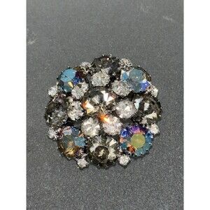 Vintage Weiss Blue Aurora Borealis Rhinestone Domed Brooch Pin Signed